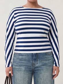 Solavibe Plus Size Navy Blue Colorblock Long Sleeve Casual Traditional T-Shirt, Ribbed Tops For Women, Blue White Stripe, Blouses Autumn Beach Formal Fall - Blue - View 6