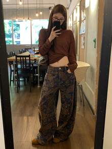 DAZY Women's Textured Fabric Loose Straight Leg Jeans With Paisley Flower Decoration Fall - Blue - View 7