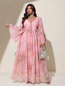 Viva Relle Plus Size Women's Elegant Floral Chiffon Midi Dress, Deep V-Neck With Front Tie Waist, Flared Long Sleeves, Flowy A-Line Full Skirt, For Daily Wear, Party, Wedding Guest, Banquet - Multicolor - View 1
