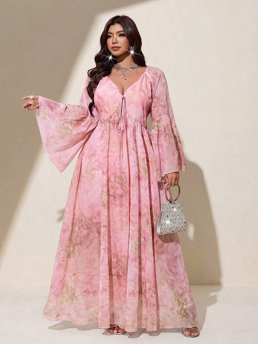 Viva Relle Plus Size Women's Elegant Floral Chiffon Midi Dress, Deep V-Neck With Front Tie Waist, Flared Long Sleeves, Flowy A-Line Full Skirt, For Daily Wear, Party, Wedding Guest, Banquet - Multicolor - View 1