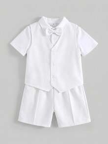 SHEIN 兒童 3 件套大童男孩紳士套裝 全白短袖 Polo 衫背心短褲長褲套裝 適合夏季生日派對 正式洗禮 婚禮 80 年代風 - 彩色 - 查看 6