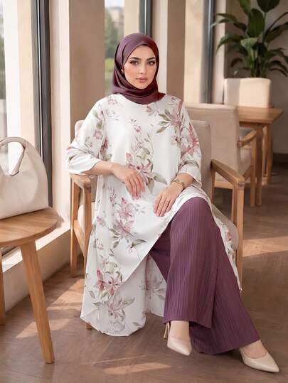 Auveirra Ensemble décontracté 2 pièces pour femmes grande taille, blouse à imprimé floral avec ourlet asymétrique et pantalon, automne