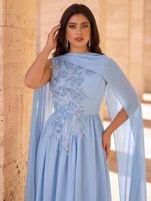 Aureia Vestido de noche elegante y romántico de talla grande, azul con lentejuelas, bordado, técnica de quemado, cuello redondo, sin mangas, cintura acampanada, bajo fruncido y holgado, adecuado para fiesta de noche, cita, baile, vacaciones, invitada de boda, vestido de gala con trabajo pesado - Celeste - Ver 7