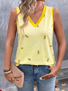 EMERY ROSE 檸檬印花對比滾邊V領背心上衣，女款無袖寬鬆休閒夏季吊帶背心 - 彩色 - 查看 3