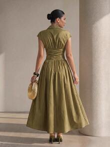Xyvia Black Elegant Striped Shirt Collar Cinched Waist Full Skirt Long Dress For Women - Multicolor - View 2