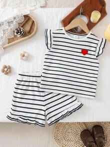 Elladie kids 女童條紋圓領荷葉袖T恤短褲休閒兩件組 - 黑與白 - 查看 2