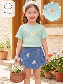 SHEIN Playful Pals 女童返校休閒可愛圓領標準肩寬彩色波點彩虹印花T恤與純色牛仔裙套裝，夏季 - 藍色 - 查看 7