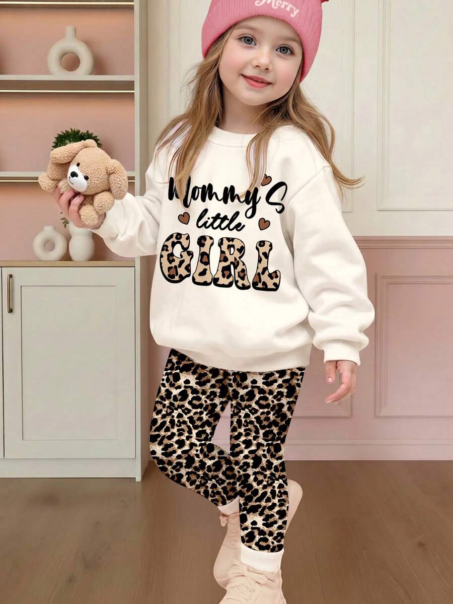 Mama's Little Girl❤ 乳白色復古豹紋女童休閒圓領長袖衛衣與休閒內搭褲2件套,適合秋冬日常穿著、外出、親子穿搭、校園 - 彩色 - 查看 1