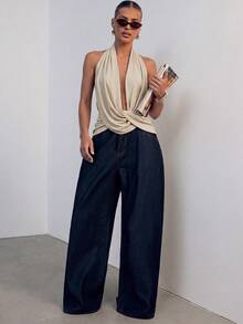 Hauture Asymmetrical Design Sleeveless Halter Top - Apricot - View 3