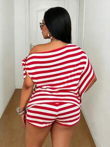 Mawevolt Plus Size Skin-Friendly Top & High-Waist A-Line Shorts Set, Slouchy Relaxed Loose Off-Shoulder Off-Shoulder European & American Hot Girl Style Red & White Striped Two Pieces Outfit - Red - View 2
