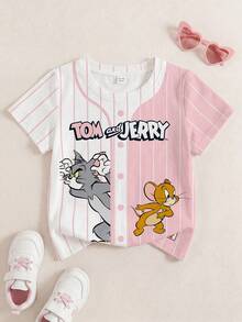 TOM & JERRY X SHEIN Young Girl Summer Casual Colorblock Striped Cartoon Print T-Shirt - White - View 1