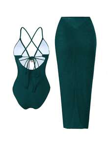 Sunnyshic Women's Oasis One-Piece Swimsuit Set, Deep Brown Deep V-Neck Design, Hand-Woven Rope Waistline, Summer Evening One-Piece Swimsuit Set, Cross Slit Long Dress - Green - View 6