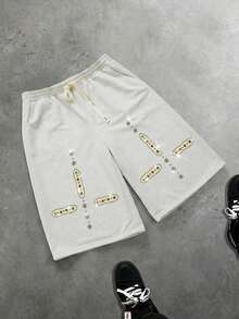ROMWE MEN Street Life Men's Gray Casual Loose Mid-Length Sports Shorts, Decorated With 3D Rhinestones, Unhemmed Cuffs; Suitable For Daily Wear - Grey - View 6