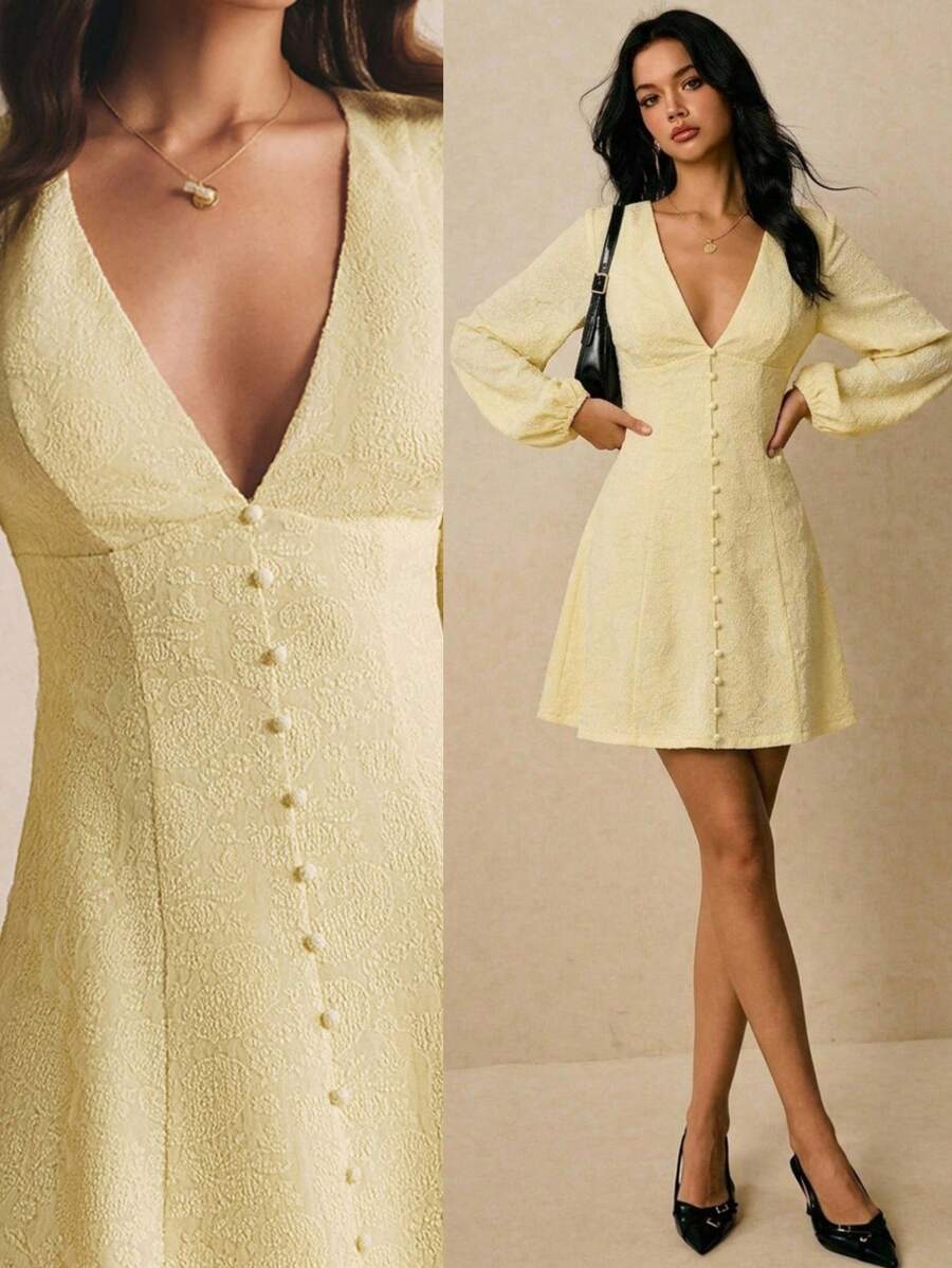 Poéselle Women's Jacquard  V-Neck Lantern Sleeve  Short Dress,Elegant Dresses,Casual Dresses, Work Outfits, Vacation Outfits,Autumn/Winter Outfit - Light Yellow - View 1