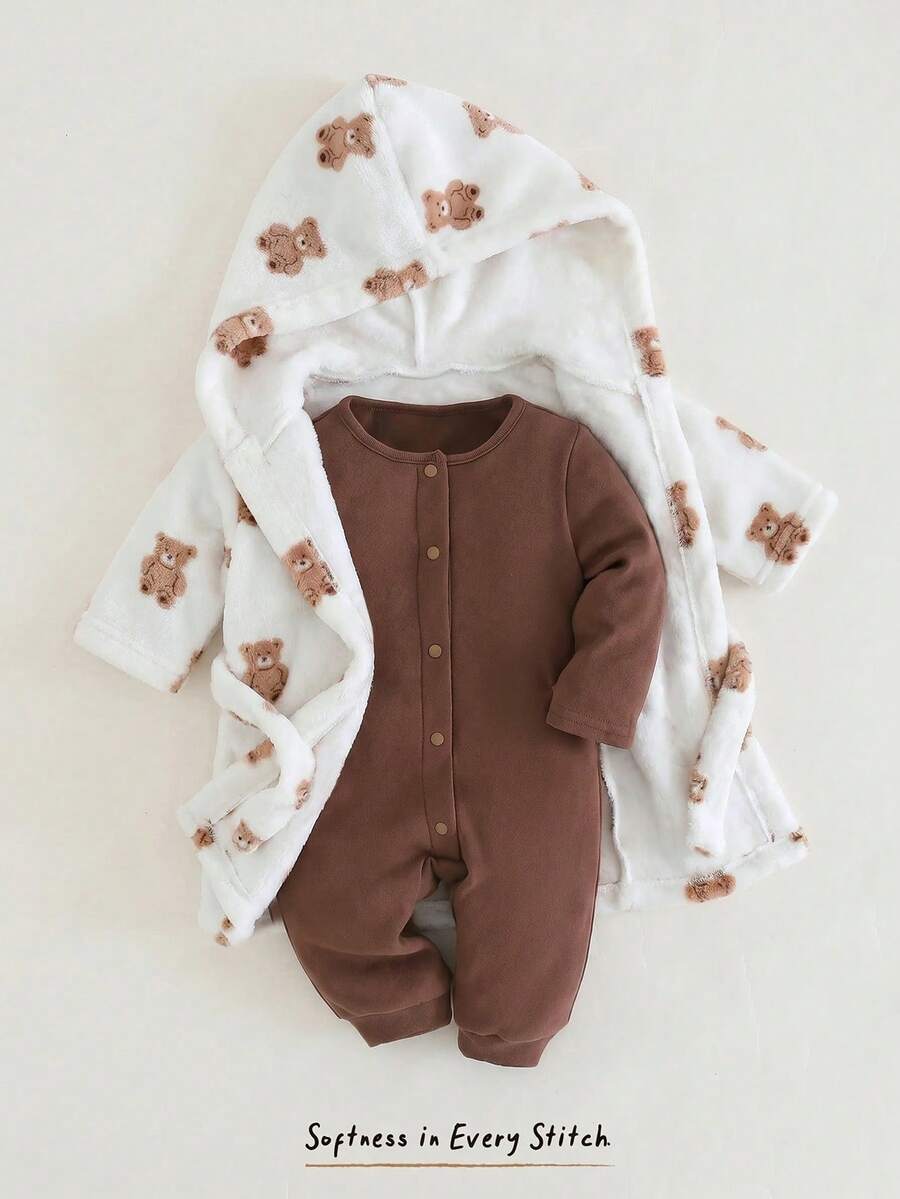 Cozy Pixies 新生兒男嬰女嬰卡通熊圖案保暖內裡加厚連帽長袖綁帶睡衣浴巾,保暖柔軟蓬鬆可愛,秋冬款 - 白色 - 查看 1