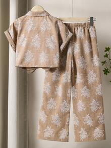 SHEIN 女童 2 件組條紋紋理布料短袖襯衫與休閒長褲套裝，舒適粉色條紋領口鈕扣短袖上衣與蝴蝶結長褲套裝，適合女性日常穿著，春夏季 - 棕色 - 查看 2