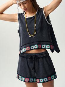 Bohemela Casual Boho Solid Color Knit Loose Washed Tank Top Shorts Women 2 Pieces Set Vacation Dark Grey Summer - Black - View 3