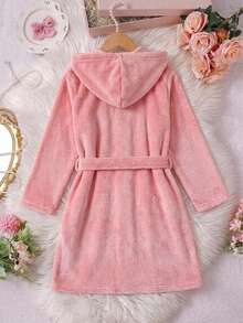 SHEIN 女童返校服裝 素色保暖內裡加厚毛絨連帽長袖綁帶家居服浴袍睡衣 秋冬套裝 - 粉色 - 查看 7