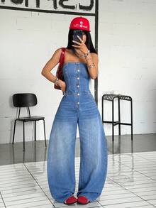 Jeanoix Women's Denim Bandeau Wide Leg/Curved Leg Jumpsuit - Blue - View 6