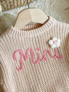 SHEIN Baby Girl Knit Solid Color Letter Pattern 3D Floral Casual Cute Baby Fairy Sweater Family Matching Photoshoot Pastel Pink Autumn - Beige - View 5