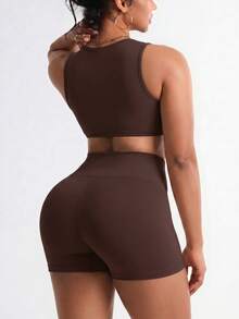 SHEIN Unity Women's Plus-Size Athletic Set: Coffee-Colored Tank Top And Shorts With Letter Print-Yoga & Fitness - Coffee Brown - View 2