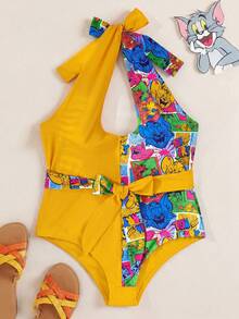 TOM & JERRY X SHEIN Traje de baño de una pieza con escote halter y estampado de dibujos animados con contraste, para verano - Amarillo - Ver 1