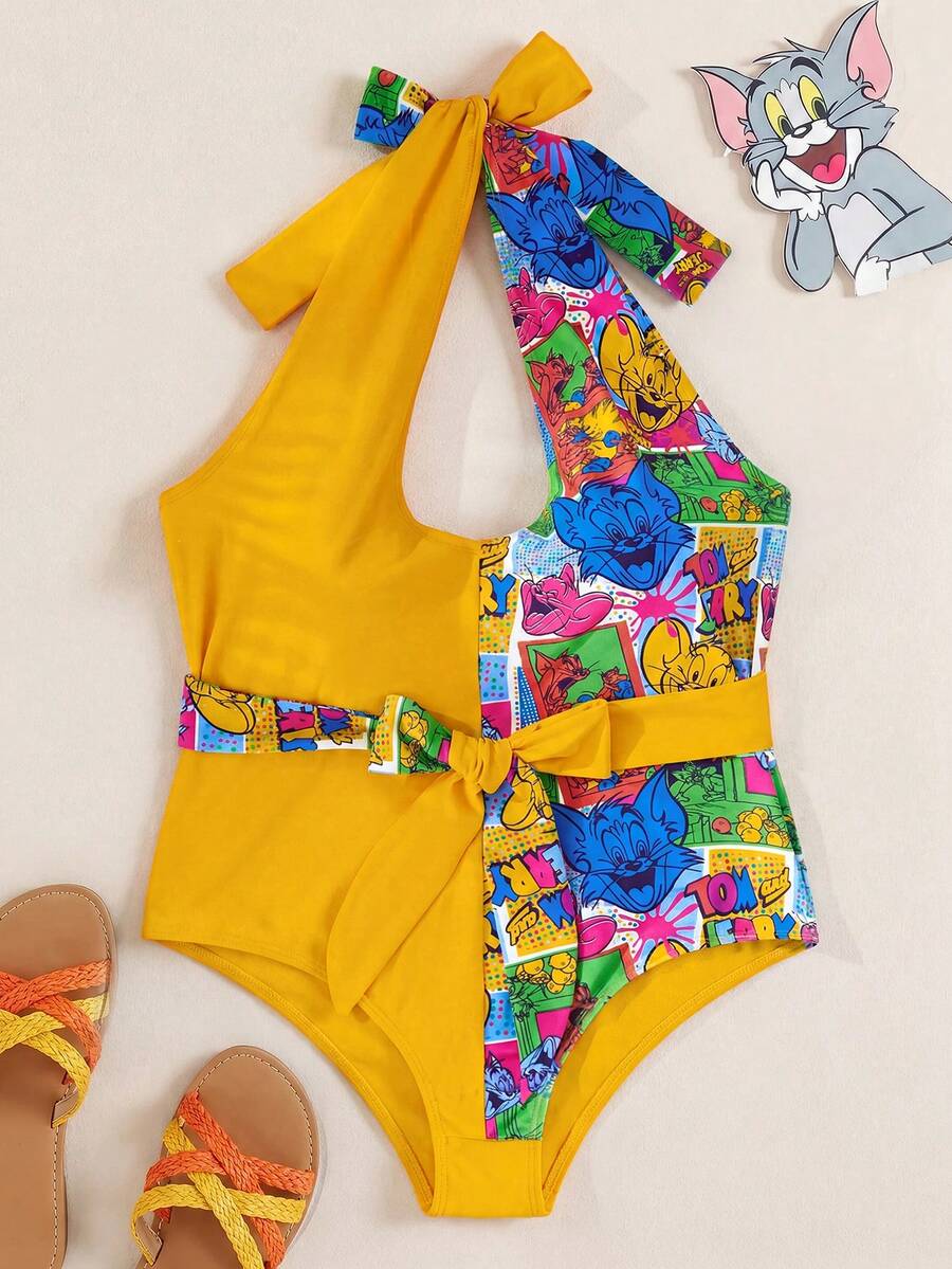 TOM & JERRY X SHEIN Traje de baño de una pieza con escote halter y estampado de dibujos animados con contraste, para verano - Amarillo - Ver 1