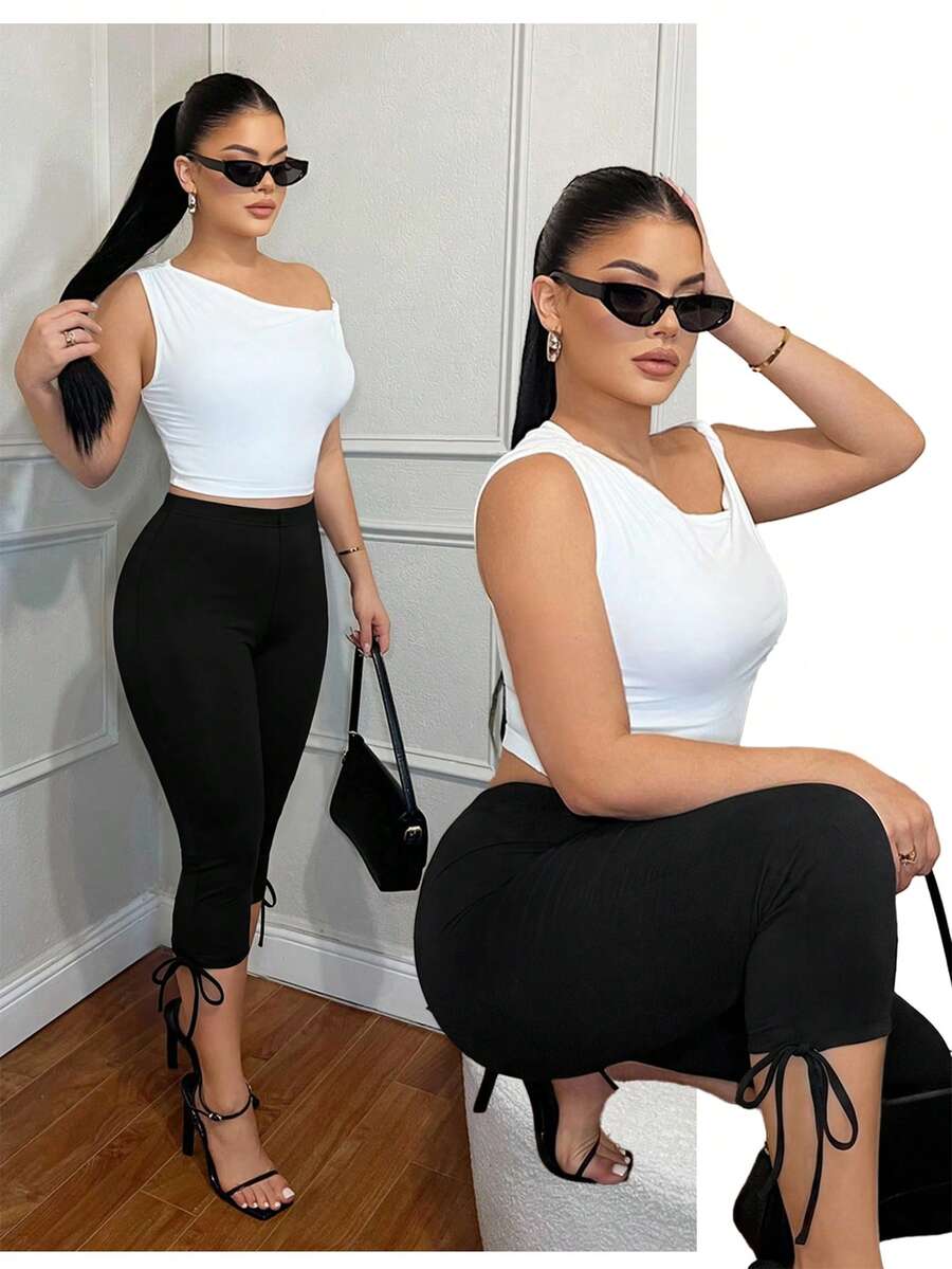 SHEIN SXY Women's Solid Color Casual Versatile Daily Wear Split Hem Capri Length Leggings - Black - View 1