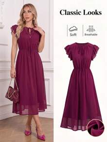 Ellevyn Elegantes Damen Vintage Minimalistisches einfarbiges Chiffon-Kleid mit Twist-Kragen, Kappe, flatternden Ärmeln, taillierter Taille und Midi-Länge, tiefes Lila, Sommer-Teeparty-Outfit - Heißes Pink - Übersicht 1