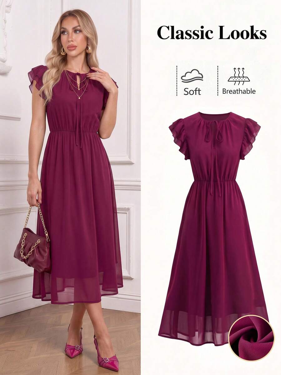 Ellevyn Elegantes Damen Vintage Minimalistisches einfarbiges Chiffon-Kleid mit Twist-Kragen, Kappe, flatternden Ärmeln, taillierter Taille und Midi-Länge, tiefes Lila, Sommer-Teeparty-Outfit - Heißes Pink - Übersicht 1