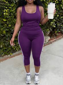 Slaydiva Women's Plus Size 2 Pieces Set: Slim Fit Sleeveless Tank Top With Ruched Waist And Slim Fit 7/8 Length Cycling Pants With Contrast Color Side Tape Splice, Navy Blue Knitted Elastic Fabric - Purple - View 1