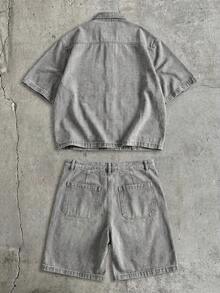 AXEPEAK Men's Plus Size Short Sleeve Top And Denim Shorts Set - Grey - View 3