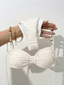Bonvoyette Women's Spring/Summer Jacquard Fabric Beaded Chain Decor Bikini Set - Apricot - View 3