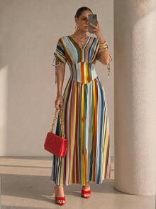 Structelle Vestido largo elegante de rayas coloridas con cuello en V, plisado, cordón ajustable, tirantes en los hombros, mangas y cintura acampanada, adecuado para primavera y verano - Naranja - Ver 1