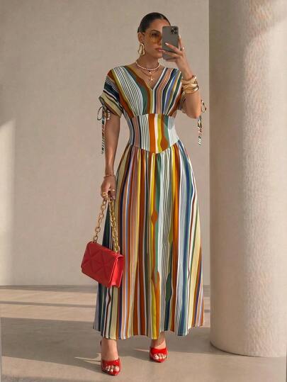 Structelle Navy Blue And White Striped V-Neck Pleated Drawstring Shoulder Strap Sleeve Waist Flared Long Dress, Elegant Breezy Boho Holiday Beach Vacation