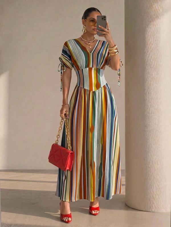 Structelle Navy Blue And White Striped V-Neck Pleated Drawstring Shoulder Strap Sleeve Waist Flared Long Dress, Elegant Breezy Boho Holiday Beach Vacation