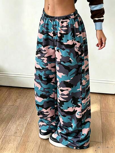 SHEIN Teen Girls Back To School Fall Winter Pants, Pink Blue Camo Print Baggy Wide Leg Sweatpants, Elastic High Waist Casual Hip Hop Jogger Trousers