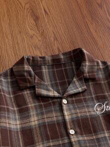 SWAVVY Men's Letter Print Plaid 2 In 1 Patchwork Casual Daily Shirt - Khaki - View 4