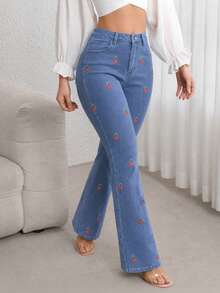 SHEIN ICON 休閒水洗櫻桃刺繡喇叭牛仔褲 - 淺色水洗藍 - 查看 6