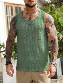 VENTUSAIL Men's Solid Color Round Neck Casual Everyday Perforated Jacquard Tank Top, Spring/Summer Holiday - Army Green - View 6