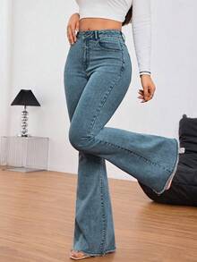SHEIN Tall 純色口袋鈕扣拉鍊寬腿牛仔褲，適合日常穿著，適合高個女性 - 深色水洗藍 - 查看 5