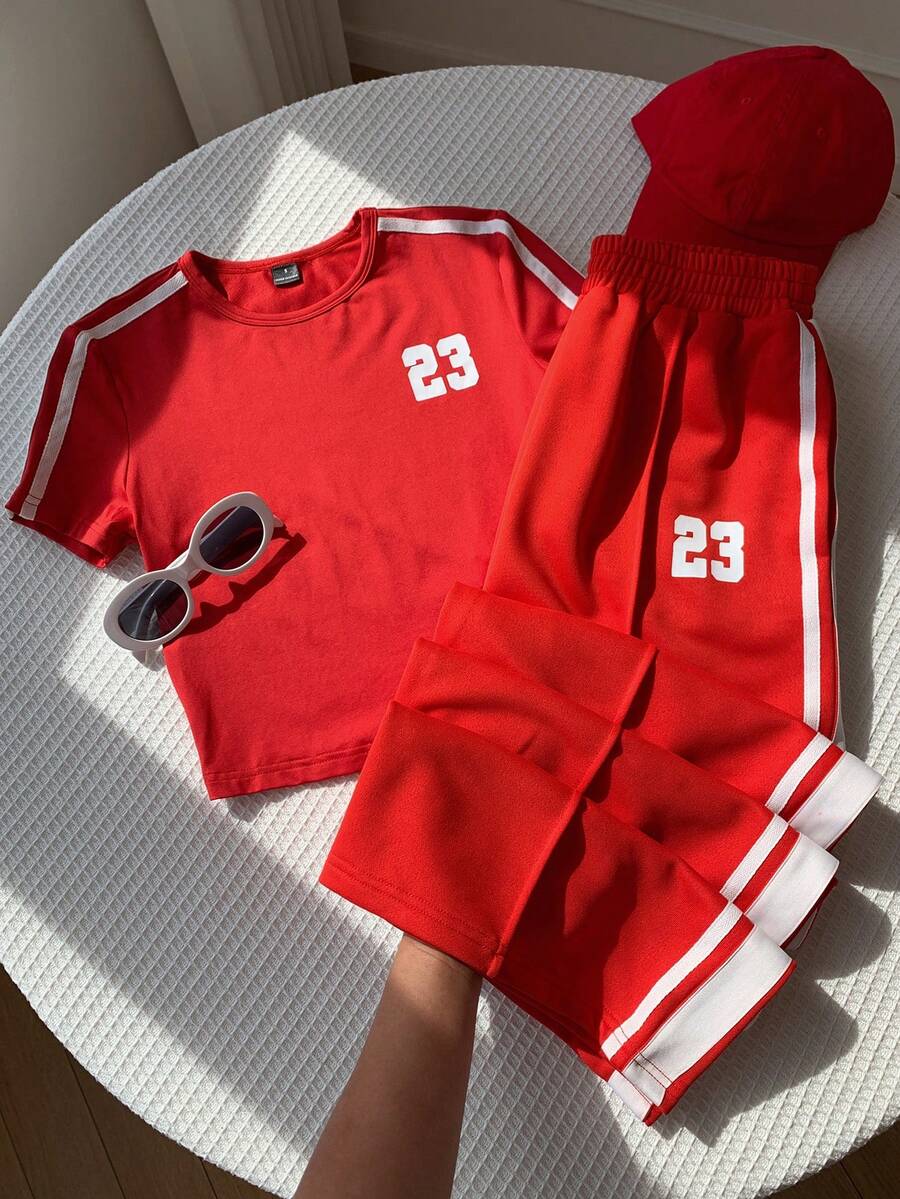 Comfortcana Red Number Print T-Shirt And Long Pants Casual Women's Set - Multicolor - View 1
