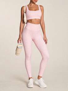 SHEIN BAE Women's Casual Sports Plaid Print Tank Top & Pants Set Perfect Airport Outfit Suitable For Tennis Yoga Studio Pilates Daily Wear Cute Summer Outfits Festival Outfits Beach Outfits Sea Going Out Outfits Women's Gym Clothes Gym Female Gym Set Casual Sets Holiday Outfits Vacation Sportswear Workout Sets Pink Plaid Pattern - Pink - View 2