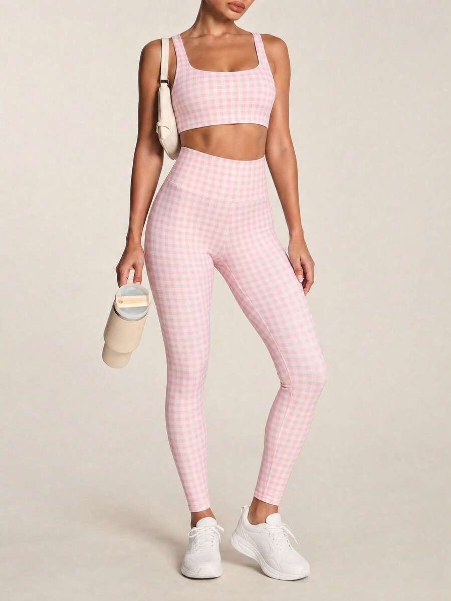 SHEIN BAE Women's Casual Sports Plaid Print Tank Top & Pants Set Perfect Airport Outfit Suitable For Tennis Yoga Studio Pilates Daily Wear Cute Summer Outfits Festival Outfits Beach Outfits Sea Going Out Outfits Women's Gym Clothes Gym Female Gym Set Casual Sets Holiday Outfits Vacation Sportswear Workout Sets Pink Plaid Pattern