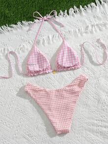 SHEIN Holidaya Swim Mod Women's Sweet Pink Plaid Pattern Reversible Bikini Set - Multicolor - View 2