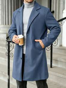 Manfinity Homme Plus Size Men's Solid Color Business Button Long Sleeve Pocket Overcoat - Dusty Blue - View 6