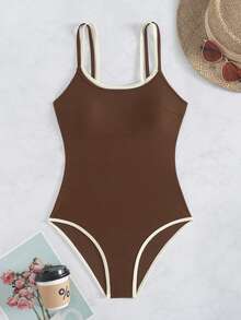 Swim Basics Women's Colorblock One-Piece Swimsuit, Suitable For Beach Vacation, Pool Party, Beach Party - 棕色 - 查看 4