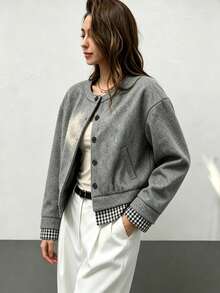 RiviMae Women's Autumn/Winter Elegant Round Neck Short Solid Color & Plaid Patchwork Open Jacket Coat, Suitable For Daily Wear And Commuting, Minimalist - Grey - View 5
