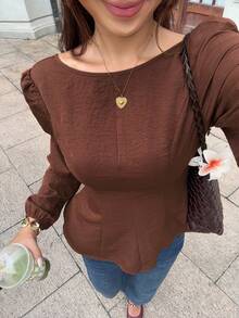 Serisse Women's Elegant Coffee Brown Linen Boat Neck Backless Bow Decor Ruffle Hem Long Sleeves Blouse,Vacation Date Night Fashionable Top,Four Seasons Fall - Brown - View 4