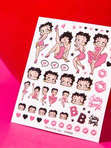 Betty Boop x SHEIN 復古卡通女孩貼紙組，Betty 風格美甲貼紙，適用於剪貼簿與 DIY 文具，粉色與黑色設計 - 彩色 - 查看 3